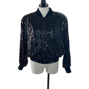 Silkworms Vintage Womens Jacket Size Large Black Sequin Bomber High Fashion